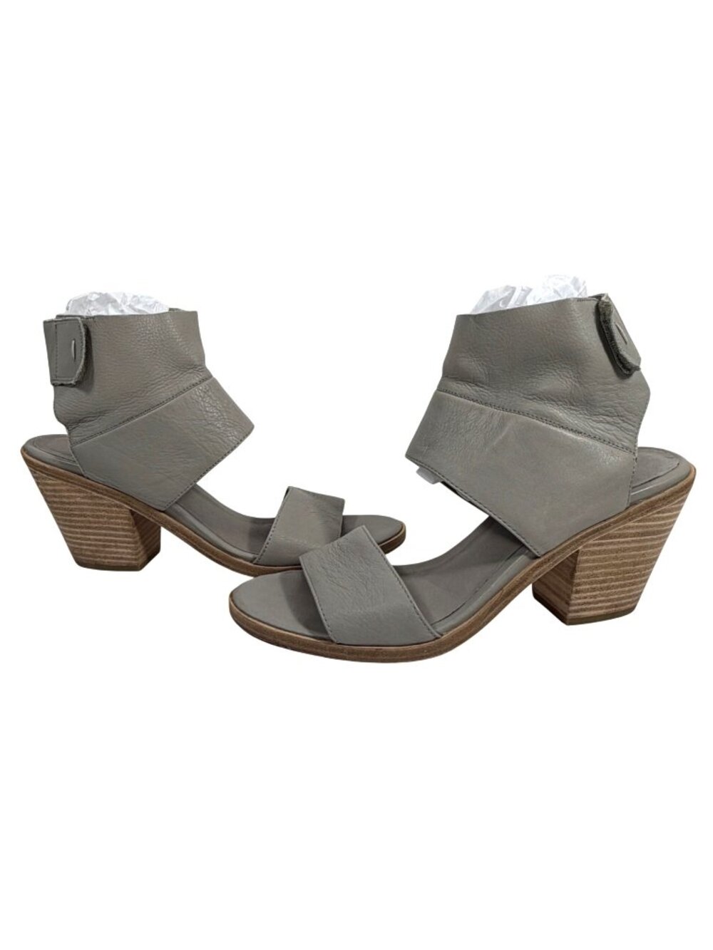 EILEEN FISHER Gray Ankle Wrap Leather Heels Wood Stacked Heels Sz 9 Made Italy